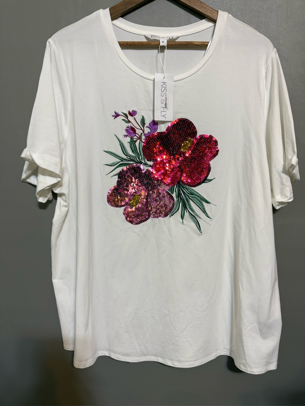 Kiss & Fly White Short Sleeve Tee with Pink Sequin Floral Applique
